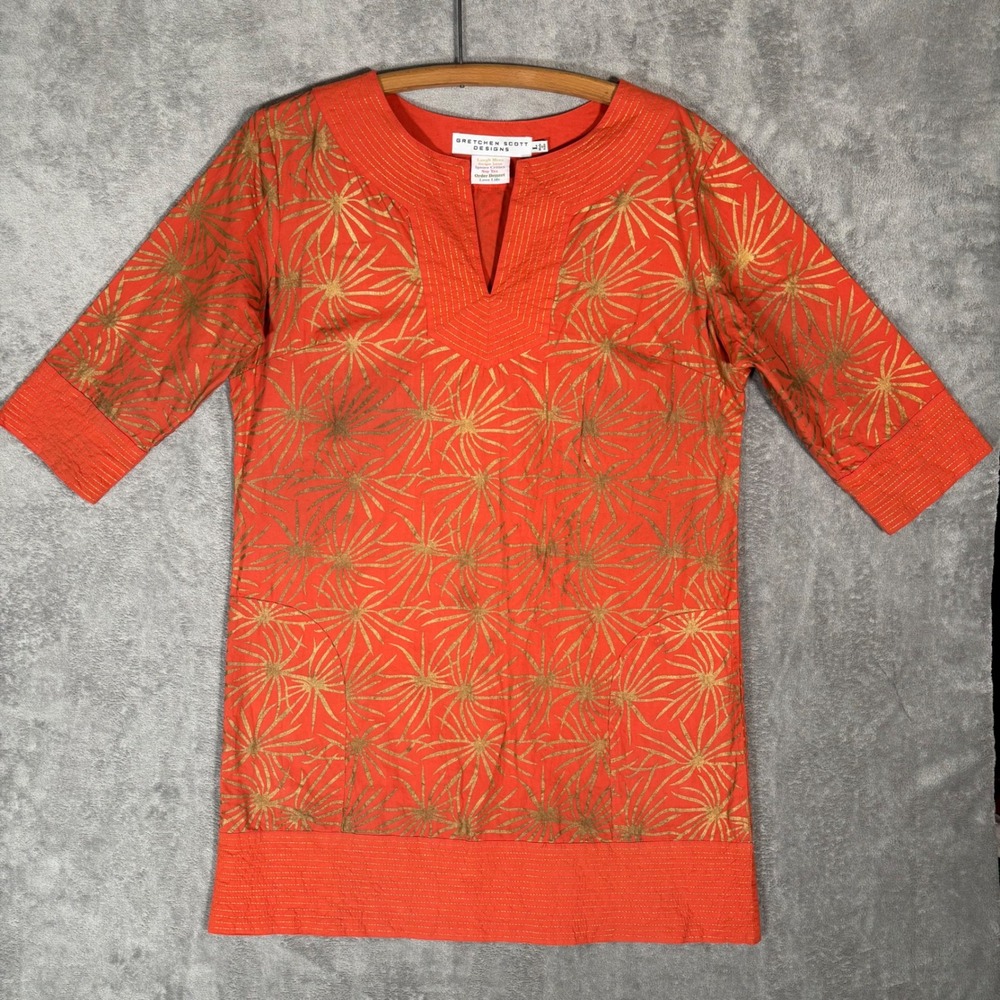Gretchen Scott Designs Orange Gold Metallic Palm Tunic Dress Womens Large Resort